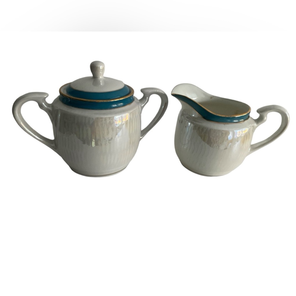 Vintage 50’s Sugar Bowl & Creamer Iridescent Nippon Lustreware Blue White